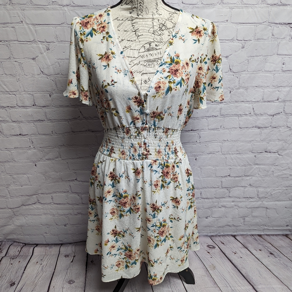 Lily Rose Cream Floral Mini Dress with Pink & Blue Accents
